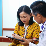 **

A compassionate doctor actively listening to a patient in a brightly lit clinic in Malaysia. The doctor maintains eye contact, has an open posture, and is using a tablet to take notes. The patient is a middle-aged woman, comfortably dressed in traditional Malaysian attire, sharing her health concerns. The atmosphere conveys trust and empathy, showing patient-centered care. Background includes posters promoting mental health awareness in Bahasa Malaysia.

**