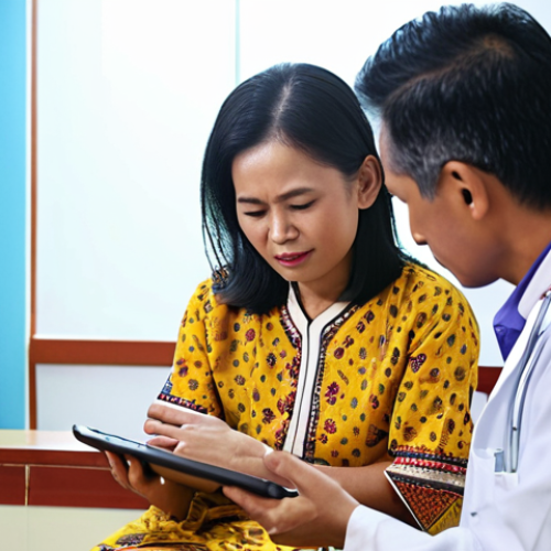 **

A compassionate doctor actively listening to a patient in a brightly lit clinic in Malaysia. The doctor maintains eye contact, has an open posture, and is using a tablet to take notes. The patient is a middle-aged woman, comfortably dressed in traditional Malaysian attire, sharing her health concerns. The atmosphere conveys trust and empathy, showing patient-centered care. Background includes posters promoting mental health awareness in Bahasa Malaysia.

**