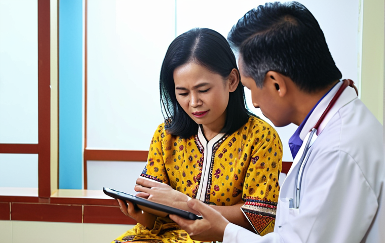 **

A compassionate doctor actively listening to a patient in a brightly lit clinic in Malaysia. The doctor maintains eye contact, has an open posture, and is using a tablet to take notes. The patient is a middle-aged woman, comfortably dressed in traditional Malaysian attire, sharing her health concerns. The atmosphere conveys trust and empathy, showing patient-centered care. Background includes posters promoting mental health awareness in Bahasa Malaysia.

**