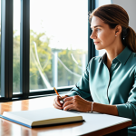 A professional woman, mature and poised, in a modest business blouse and slacks, sitting thoughtfully at a sleek wooden desk in a sunlit modern office. She holds a pen, gazing at an open journal where subtle, luminous threads appear to intertwine and gracefully untangle, symbolizing clarity and the reshaping of life's narrative. The background is a soft, blurred office interior with a hint of nature through a window. The overall atmosphere is serene and hopeful. This image features perfect anatomy, correct proportions, a natural pose, well-formed hands, proper finger count, and natural body proportions. It is fully clothed, appropriate attire, professional dress, safe for work, appropriate content, and family-friendly.