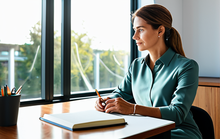 A professional woman, mature and poised, in a modest business blouse and slacks, sitting thoughtfully at a sleek wooden desk in a sunlit modern office. She holds a pen, gazing at an open journal where subtle, luminous threads appear to intertwine and gracefully untangle, symbolizing clarity and the reshaping of life's narrative. The background is a soft, blurred office interior with a hint of nature through a window. The overall atmosphere is serene and hopeful. This image features perfect anatomy, correct proportions, a natural pose, well-formed hands, proper finger count, and natural body proportions. It is fully clothed, appropriate attire, professional dress, safe for work, appropriate content, and family-friendly.