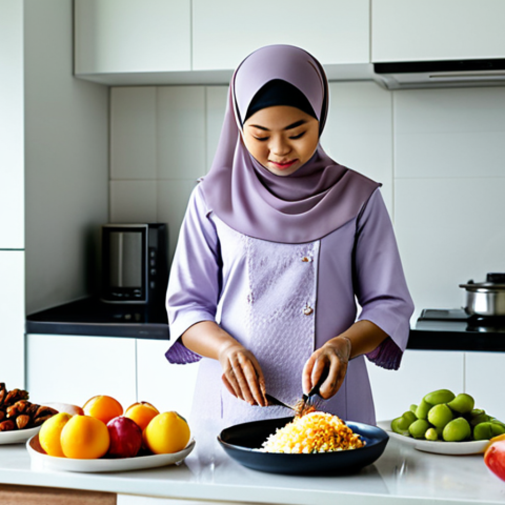 **
"A Malaysian woman in a modest baju kurung, preparing a healthy breakfast of nasi lemak with fruits and nuts in a bright, modern kitchen, fully clothed, appropriate attire, safe for work, perfect anatomy, natural proportions, professional food photography, high quality, family-friendly"
**