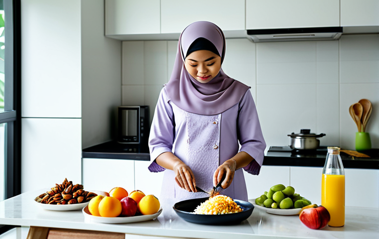 **
"A Malaysian woman in a modest baju kurung, preparing a healthy breakfast of nasi lemak with fruits and nuts in a bright, modern kitchen, fully clothed, appropriate attire, safe for work, perfect anatomy, natural proportions, professional food photography, high quality, family-friendly"
**