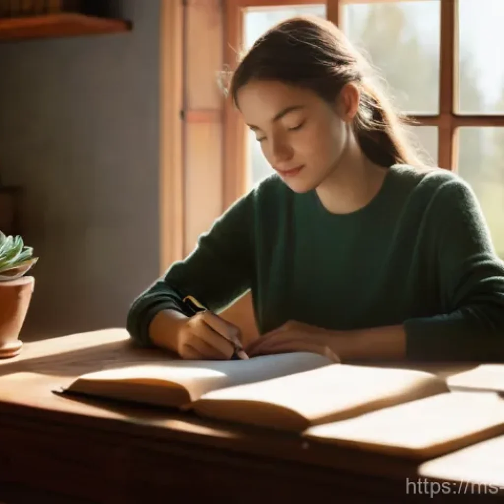 내러티브 건강법에서 찾는 의미 - **Prompt 1: Serene Journaling for Self-Reflection**
A peaceful, calm shot of a young adult woman...