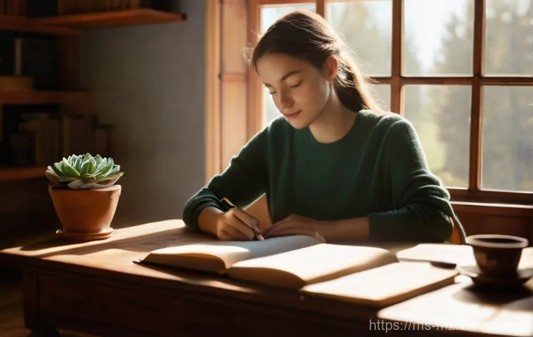 내러티브 건강법에서 찾는 의미 - **Prompt 1: Serene Journaling for Self-Reflection**
A peaceful, calm shot of a young adult woman...