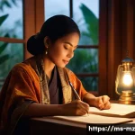 Home 20 내러티브 건강법과 긍정적 피드백 - A warm, cozy scene of a Malay adult woman sitting at a traditional wooden desk in a softly lit room,...