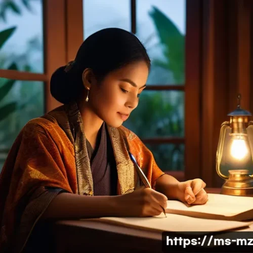 Home 32 내러티브 건강법과 긍정적 피드백 - A warm, cozy scene of a Malay adult woman sitting at a traditional wooden desk in a softly lit room,...
