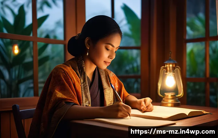 내러티브 건강법과 긍정적 피드백 - A warm, cozy scene of a Malay adult woman sitting at a traditional wooden desk in a softly lit room,...