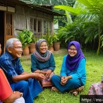 Home 19 내러티브 건강법을 통한 정서적 연대감 - A warm community health gathering in a Malaysian village setting, featuring diverse adults and elder...