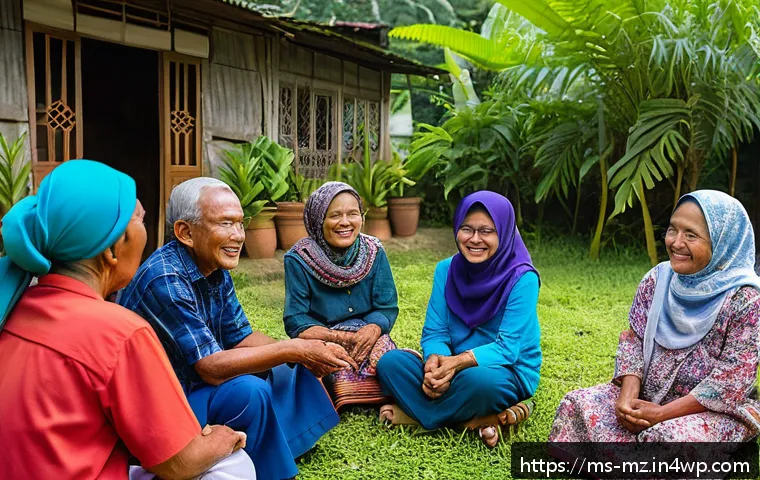 내러티브 건강법을 통한 정서적 연대감 - A warm community health gathering in a Malaysian village setting, featuring diverse adults and elder...
