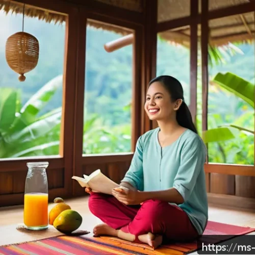 Home 30 내러티브 건강법과 긍정 심리학 - A serene morning scene in a cozy Malaysian home, featuring a young woman of Malay descent sitting cr...