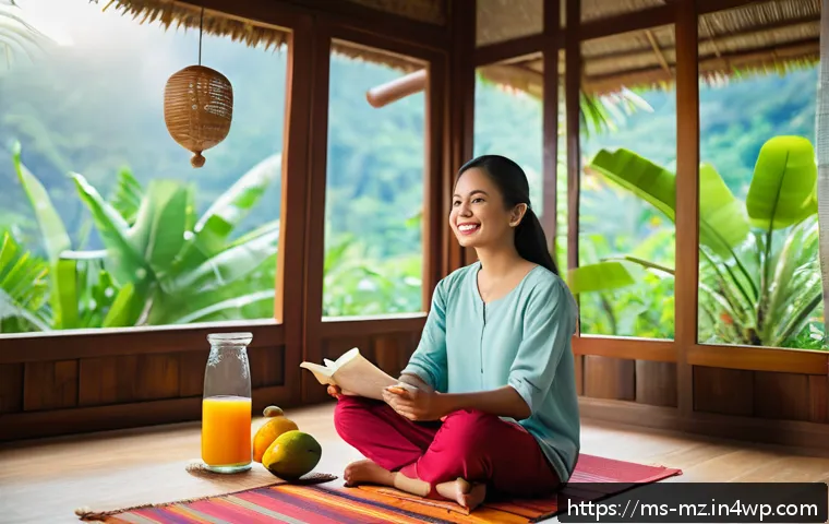 내러티브 건강법과 긍정 심리학 - A serene morning scene in a cozy Malaysian home, featuring a young woman of Malay descent sitting cr...