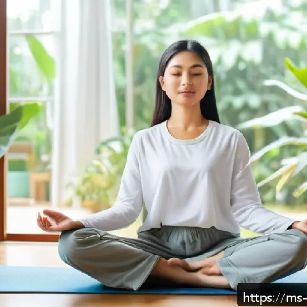 내러티브 건강법과 삶의 재구성 - A serene morning scene in a Malaysian home featuring a young adult practicing meditation in a bright...