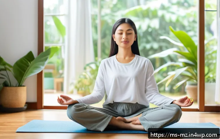내러티브 건강법과 삶의 재구성 - A serene morning scene in a Malaysian home featuring a young adult practicing meditation in a bright...