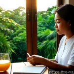 Home 23 내러티브 건강법과 자기 반성의 중요성 - Photorealistic morning scene in a Kuala Lumpur apartment, a Malay woman in modest casual clothing si...