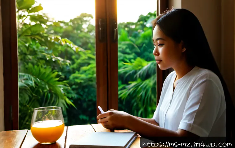 내러티브 건강법과 자기 반성의 중요성 - Photorealistic morning scene in a Kuala Lumpur apartment, a Malay woman in modest casual clothing si...