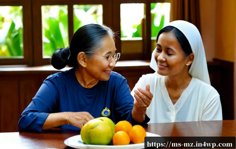 내러티브 건강법과 언어의 역할 - Photorealistic Malaysian family health conversation in a bright Kuala Lumpur home, an older Malay wo...